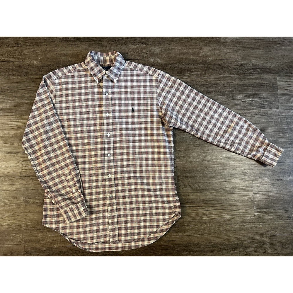 Ralph Lauren Shirt Mens Medium Beige Plaid Classic Fit Button Down Pony Logo E25